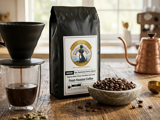 A fresh bag of Molly Dog Uganda Sipi Falls coffee next to a cup of black coffee showing rich crema.