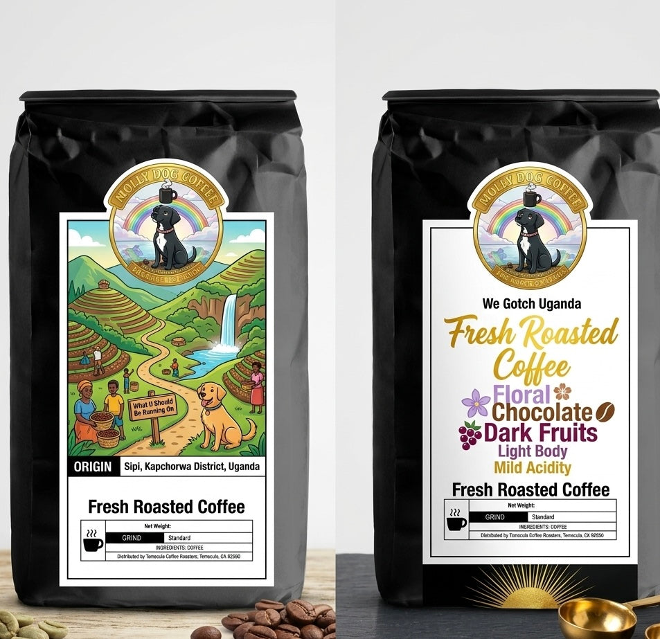Two distinct black Molly Dog Coffee bags for We Gotch Uganda' coffee: Left bag features an intricate illustrative story map label of Sipi Falls, Kapchorwa District, with a retriever guide, farmers, and waterfalls on wood with coffee beans. Right bag features a sophisticated label with gilded senpt and prominent colt tavor icens for Flaral, Chocolate, Dark Fruits, and Mild Acidity on slate with golden scoops.
Includes full 'Fresh Roasted Coffee' data and company logos.